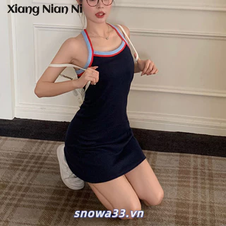 Xiang NIAN NI Váy treo cổ dây màu tương phản dành cho nữ mùa hè, eo thon gọn cho người nhỏ, áo vest dệt kim hot girl, váy phong cách thể thao