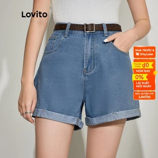 Quần short LOVITO denim cơ bản viền lật lên có thắt lưng túi màu trơn thường ngày dành cho nữ L45AD059 (màu xanh dương)