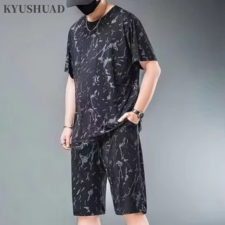 Kyushuad Nam Tay Ngắn + Quần Short Phù Hợp Với Doanh Nhân Đơn Giản In Lụa Băng Thể Thao Thường Ngày Kích Thước Lớn Rời Cổ Tròn Phù Hợp Với