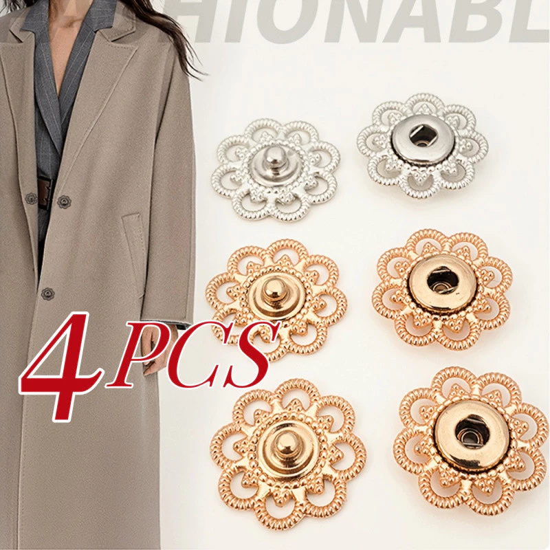 4 bộ nút bấm hình hoa rỗng bằng kim loại, nút bấm vô hình, thích hợp cho áo khoác và áo trench, nút bấm may tay