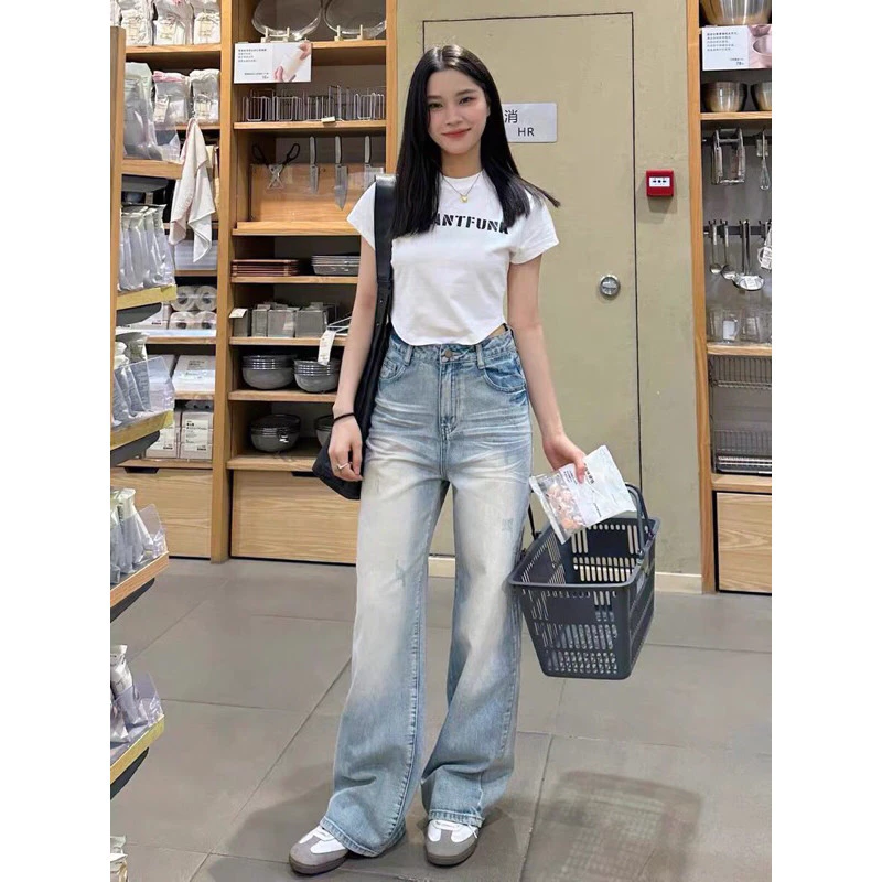 Quần Jeans Nữ Xanh Bạc Tia Chớp Siêu Hot Ống Rộng Basic Xu Hướng Thời Trang Đường Phố
