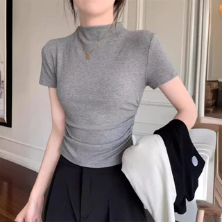 【WANG JIAO ZHAN】Áo crop top cổ cao màu trơn thời trang dành cho nữ【T7】