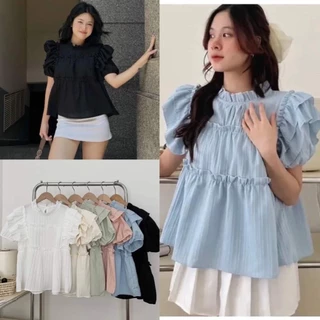 Áo babydoll viền bèo cánh tiên xếp tầng chất đũi nhăn cổ tàu ngắn tay, Áo nữ kiểu tiểu thư đi học đi chơi, amee store