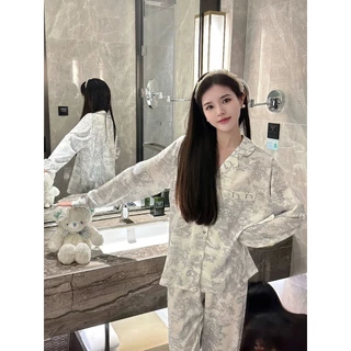 Bộ Đồ Ngủ Mùa Thu Nữ Phong Cách Mới Ice Silk Quần Dài Tay Mực Màu Xám Cao Cấp Nhỏ Ve Áo Loungewear Phù Hợp Với