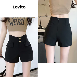 Quần short Lovito màu trơn cài nút phong cách thường ngày dành cho nữ LNA47077