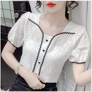 Mùa Hè 2023 Phong Cách Mới Phong Cách Pháp Cổ Vuông Rỗng Ren Puff Tay Thiết Kế Niche Thời Trang Slim-fit Áo Sơ Mi Nữ