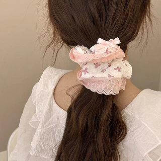 Phong Cách Mới Nơ Màu Hồng Ren Scrunchy Tóc Nữ Tính Khí Thời Trang Dây Tóc Lớn