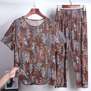 Mùa Hè Mẹ Nữ Băng Lụa Bộ Đồ Ngủ Nữ Tay Ngắn Mỏng Trung Niên Người Cao Tuổi Homewear Size Lớn Bà Quần Áo 1 /