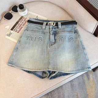 Mùa Hè 2023 Phong Cách Mới Retro Phù Hợp Với Thời Trang Hot Girl Chữ A Hông Váy Thêu Chữ Ánh Sáng Quần Short Denim Xanh