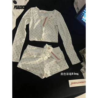 Mùa Xuân 2024 Phong Cách Hàn Quốc Pure Desire BM Style Cat Paw In Áo Cardigan Ngắn Top Quần Short Phong Cách Lười Bộ Đồ Hai Mảnh