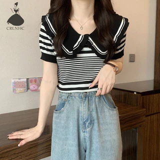 Crlnhc Mùa Hè Ngọt Ngào Cổ Búp Bê Dệt Kim Áo Thun Nữ Sọc Tay Ngắn Crop Top vn