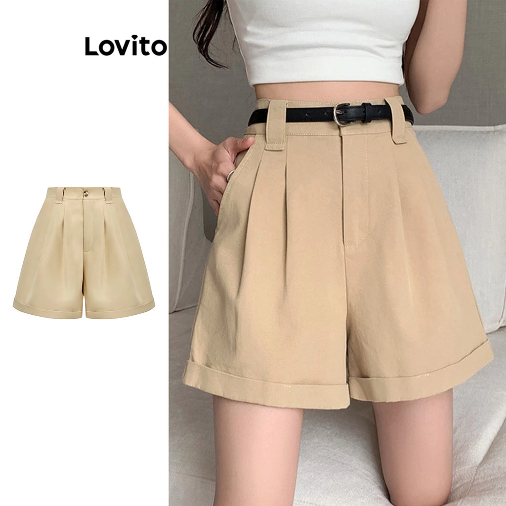 Quần short Lovito xếp nếp màu trơn cơ bản phong cách thường ngày dành cho nữ L80ED390