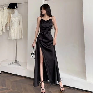 Giải phóng mặt bằng beyouare Pháp Pure Desire Slit Suspender Váy Ôm Hơn Nhìn Sang Trọng Đầm Nữ Eo hẹp Đơn Giản Váy Dài Mới