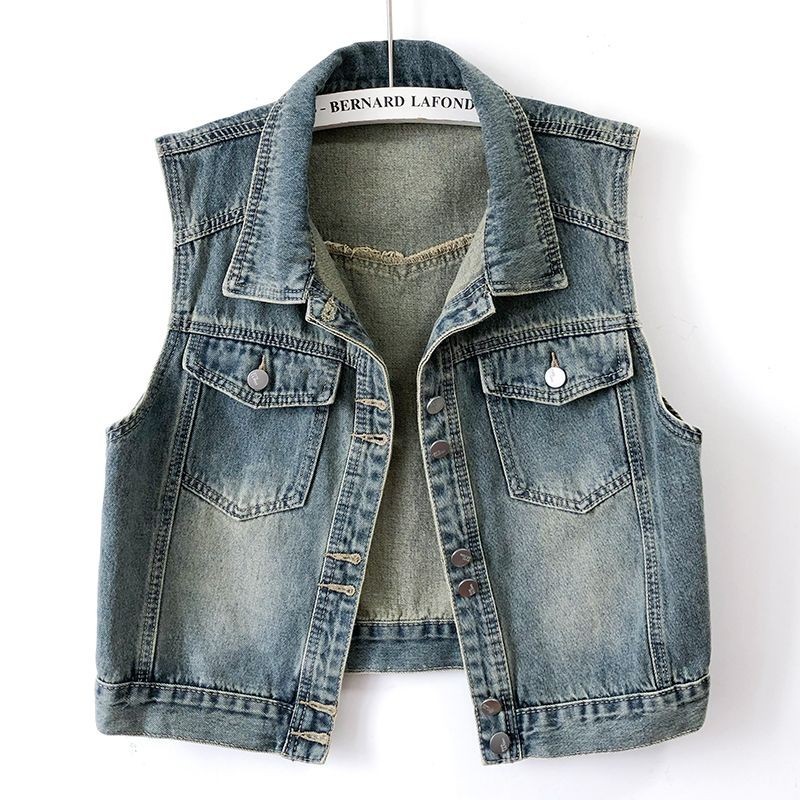 Mùa Xuân Mùa Hè Vintage Denim Áo Vest Nữ Mỏng Ngắn Cao Bồi Áo Vest Quần Jean Không Tay