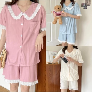 Bộ Đồ Ngủ Mùa Hè Nữ Cổ Búp Bê Bé Gái Tay Ngắn Quần Short Homewear Suit