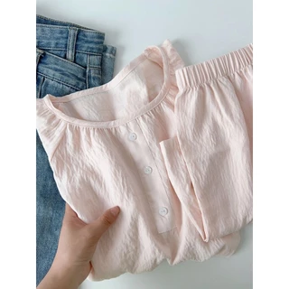 Bộ Đồ Ngủ Sợi Cotton Nữ Mùa Hè Phong Cách Mới ins Phong Cách Ngọt Ngào Màu Trơn Phiên Bản Hàn Quốc Phong Cách Mỏng Có Thể Mặc Bên Ngoài Tay Ngắn Homewear Phù Hợp Với