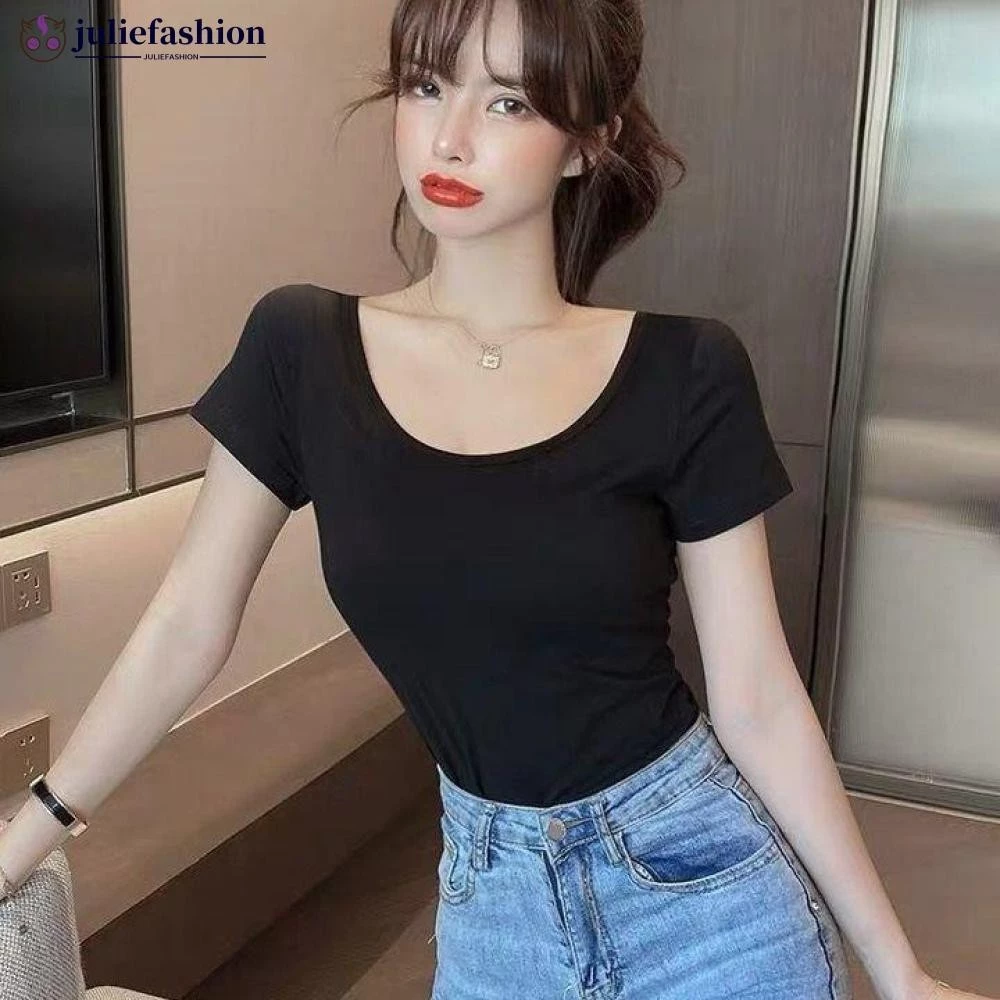 Juliefashion Áo Thun Trắng Nữ Tay Ngắn Cổ Chữ U Mùa Hè Mới Cổ Thấp Chặt Top Slim R3V7