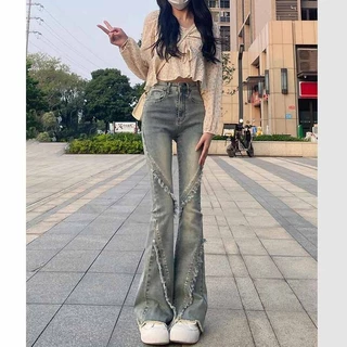 Quần jean nữ bootcut, quần ống loe lưng cao viền thô mùa xuân, quần ống loe