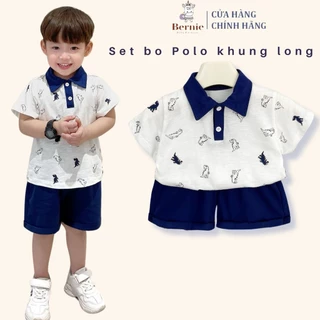 Đồ bộ cho bé trai áo thun polo trắng họa tiết khủng long và quần short bé 1 đến 7 tuổi BERNIE0124B04