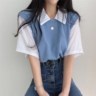 Cổ Áo Polo Giả Hai Mảnh Phong Cách Preppy Đơn Giản Màu Sắc Phù Hợp Với Áo Thun Nữ Rời Mỏng Hơn Nhìn Thường Ngày Phù Hợp Với Hàng Đầu