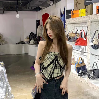 Cccindee Nữ 2024 Thời Trang Mới Retro Checkered Crop Rốn Màu Sắc Tương Phản Gợi Cảm TubeTop