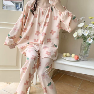 Bộ Đồ Ngủ Nữ Xuân Thu Puff Nhăn Cổ Tròn Cardigan Preppy Phong Cách Dài Tay Rời Ngọt Ngào Homewear Phù Hợp Với