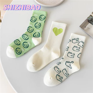 Shizhibao Tình Yêu Mới Nụ Cười Tất Nhật Bản Nhỏ Tươi Cá Tính Giữa Ống Tất Xanh Giải Trí Thể Thao Vớ