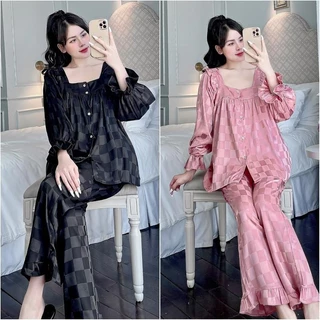 Đồ bộ pijama nữ mặc nhà lụa gấm xước tay dài tiểu thư