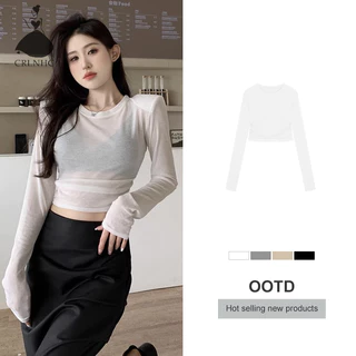 Crlnhc Áo Croptop Dệt Kim Mỏng Tay Dài Cổ Tròn Màu Trơn Thời Trang Cho Nữ vn