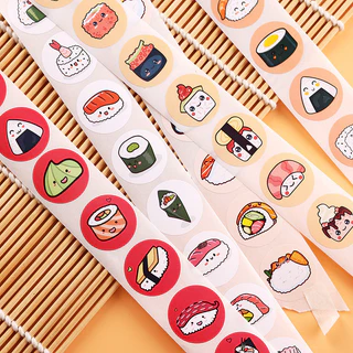 500 Cái / cuộn Phong Cách Nhật Bản Băng Tải Sushi Tròn Niêm Phong Miếng Dán Nhãn Dính Hoạt Hình Miếng Dán Cuộn Miếng Dán