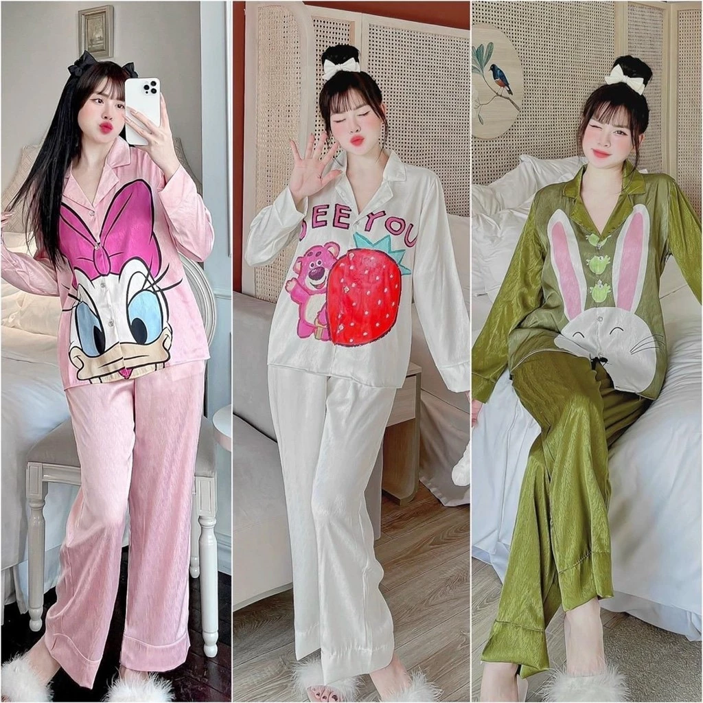 Bộ đồ ngủ pijama nữ dài tay gấm xước ánh kim họa tiết 3D dễ thương