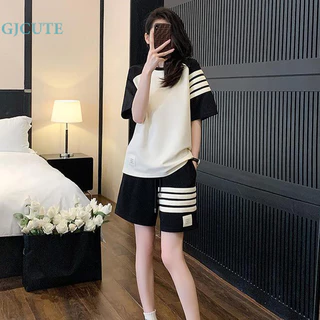 Bộ GJCUTE Áo thun và quần short sọc màu thể thao thông thường Bộ đồ hai mảnh WTD