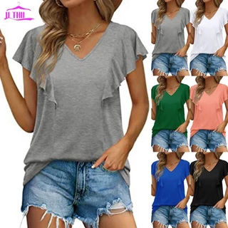 【UTHU】Women T-Shirt Solid Color Summer T-Shirts Top Womens Casual Comfort Ruffle