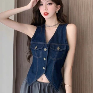 Retro Hồng Kông Phong Cách Sang Trọng Denim Áo Vest Nữ Mùa Hè Mỏng Cổ Chữ V Không Tay Mỏng Ngắn Cardigan Top