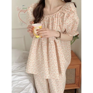 Ins Nữ Phong Cách Mới Bộ Đồ Ngủ Mùa Hè Ngắn Tay Quần Chui Đầu Nhỏ Tươi Hoa Loungewear Đầm Phù Hợp Với