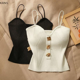 Kans Pháp Retro Nút Dệt Kim Camisole Thời Trang Màu Trơn Không Tay Slim Vest Dành Cho Nữ vn