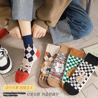 Tất ống giữa gấu nhỏ Tất nữ dễ thương Hoạt hình Tất Cotton phong cách Preppy