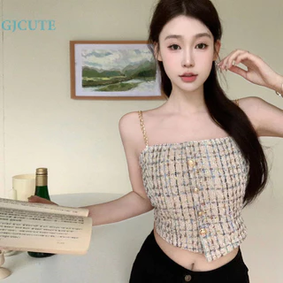 Gjcute Mùa Hè Hottie Dây Xích Camole Nữ Thời Trang Nút Kẻ Sọc Không Tay Slim Top WTD