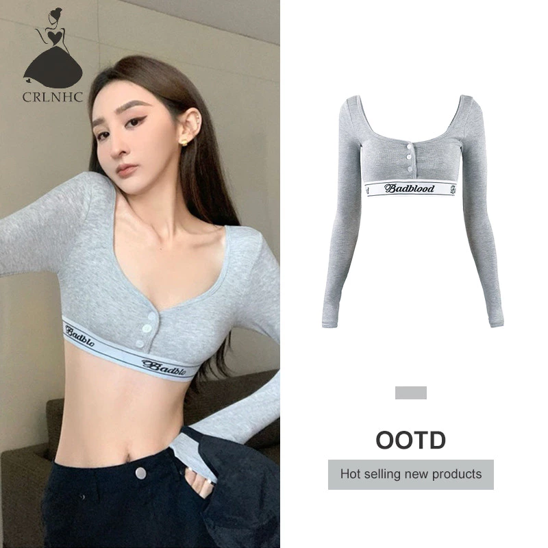 Áo Croptop Tay Dài Cổ Chữ v Cài Nút Thời Trang Mùa Thu Quyến Rũ Cho Nữ