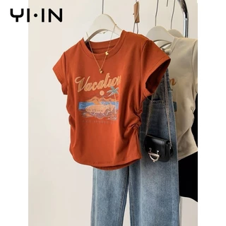 Áo thun ngắn tay Cotton nguyên chất in họa tiết cổ điển dành cho nữ mùa hè Slim-fit xếp ly ngắn hàng đầu