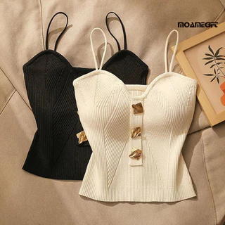 [Mame] Áo Vest Nữ Spaghetti Dây Đeo Có Đệm Lưng Không Tay Dệt Kim Co Giãn Màu Trơn Cổ Chữ V Nút Trang Trí Camisole Đáy Crop Top