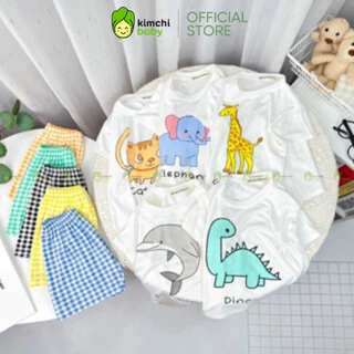 Đồ Bộ Cộc Tay Bé Trai, Bé Gái KIMCHIBABY Vải Cotton Lụa Họa Tiết Voi Xanh Quần Kẻ, Bộ Quần Áo Cho Bé Mặc Nhà MKM313