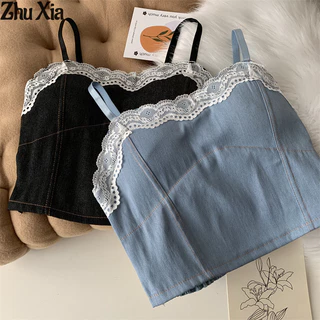 Zhu Xia Áo hai dây nữ gợi cảm Denim xẻ ren viền viền yếm Áo khoác ngoài ống Top