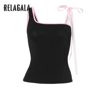 Relagala Nữ 2024 Mới Thời Trang Thường Ngày Nơ Phối Ren Trang Trí Ngắn Tương Phản Mỏng Crop Top