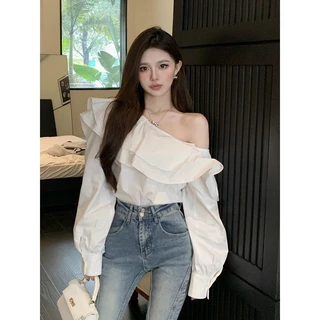 Pháp Ruffled Off-the-Shoulder Áo Sơ Mi Nữ Trắng Slanted Vai Thiết Kế Áo Sơ Mi Sang Trọng Ngắn Top d1718