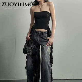 ZUOYINMO áo croptop Áo 2 dây áo ba lỗ Thời trang hàn quốc Phong cách ins Gợi cảm thanh lịch WBX24401BI 14Z240403