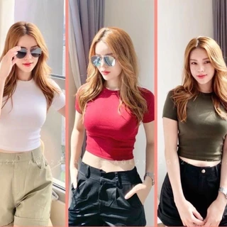 Áo Croptop Ngắn Tay Cổ Tròn  - Vải Thun Trơn Dày Co Giãn Thoáng Mát, Ôm Body Sexy, Cá Tính