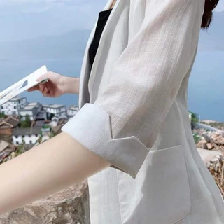 Blazer Nữ 2020 Phiên Bản Hàn Quốc Phong Cách Mới Retro Ba Phần Tư Tay Áo Dài Giữa Vải Lanh Cotton Bên Ngoài Hợp Thời Trang