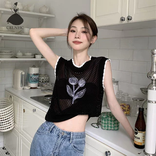 Crlnhc Nữ Hoa Rỗng Ra Dệt Kim Top Mùa Hè Retro Không Tay Rời Camisole vn