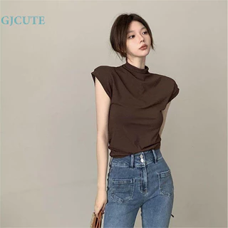 Gjcute Thời Trang Mùa Hè Cổ Cao Cổ Áo Thun Nữ Màu Trơn Mỏng Crop Top WTD